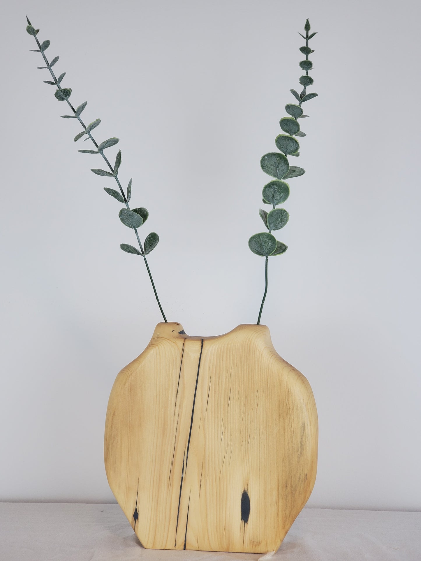 Wooden vase with a natural split design holding eucalyptus branches on a light background