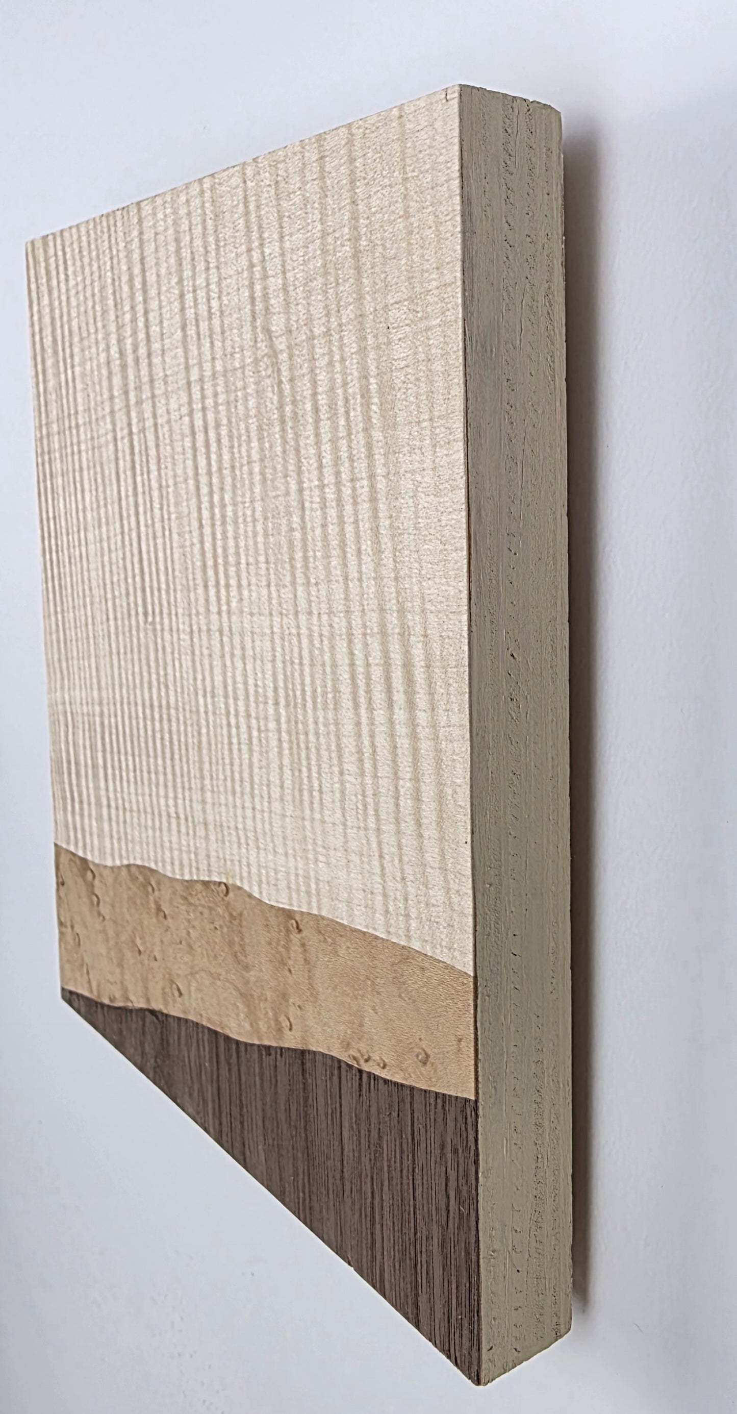 Wooden artwork with a gradient from beige to brown on a white background viewed from the side edge. Jennifer Mourato Art Collection