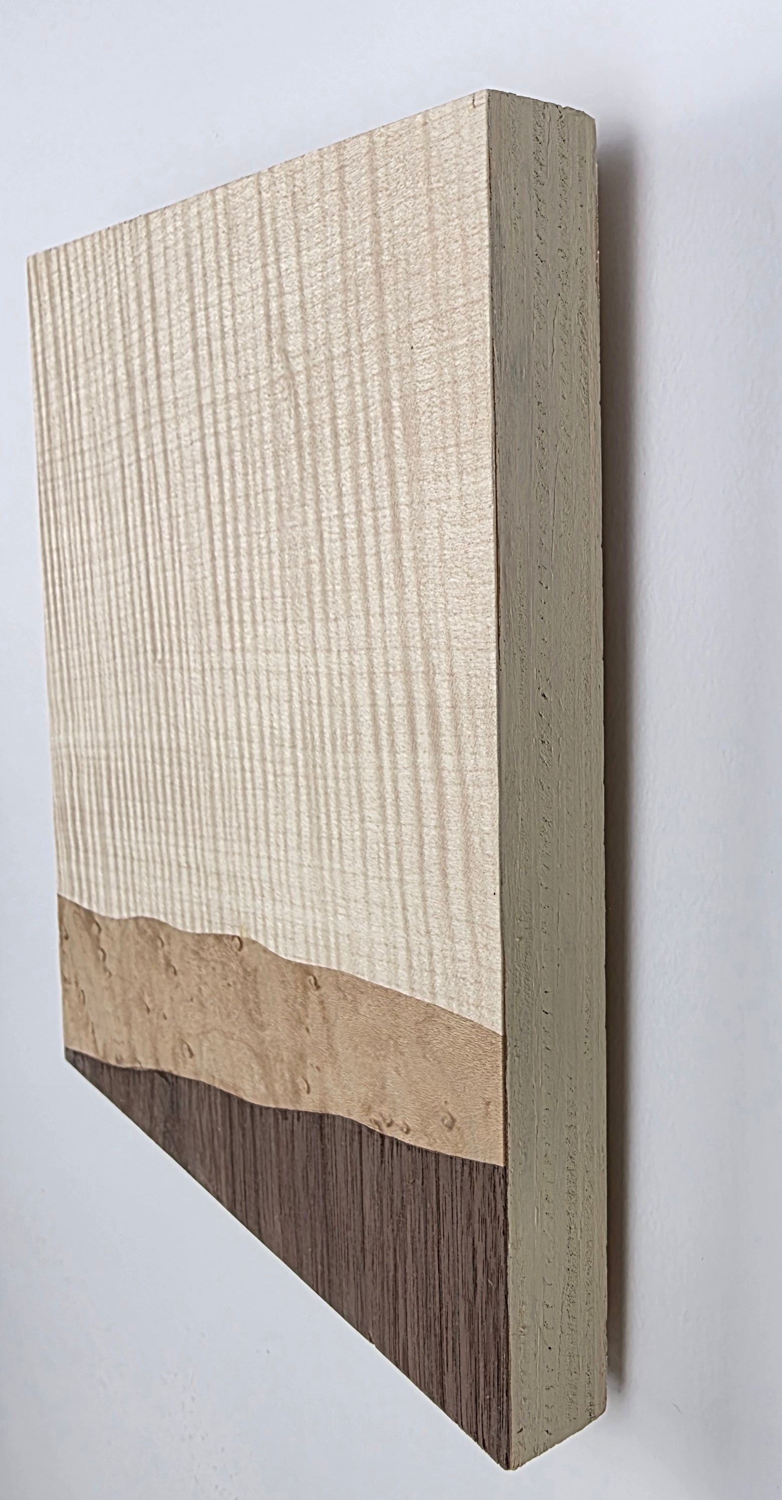 Wooden artwork with a gradient from beige to brown on a white background viewed from the side edge. Jennifer Mourato Art Collection