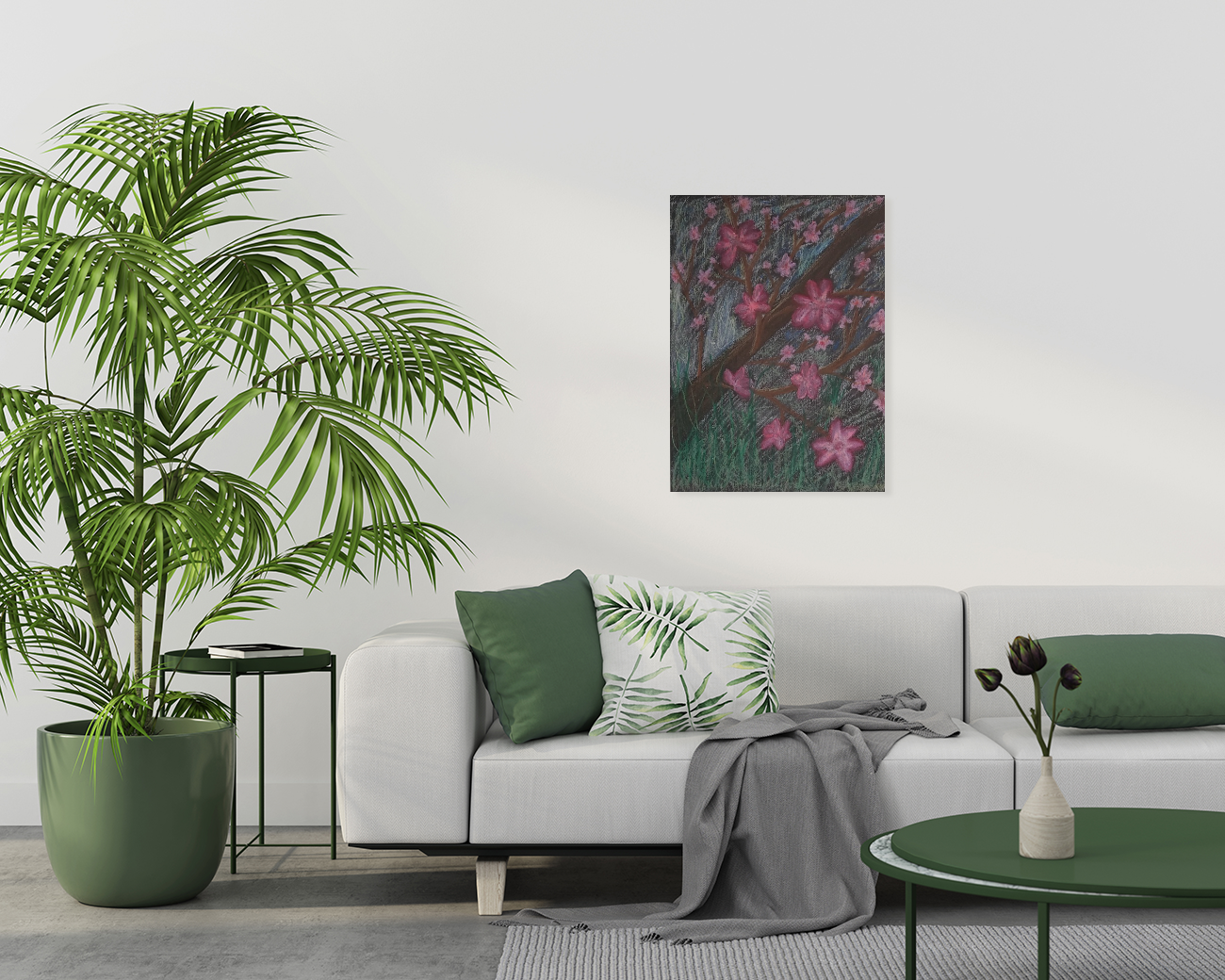 Modern living room with a white sofa, green plants, and a floral painting on the wall with Full of Life Art Print.