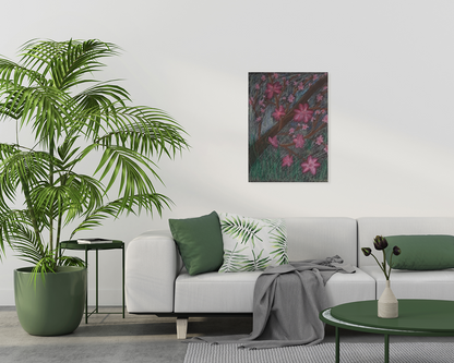 Modern living room with a white sofa, green plants, and a floral painting on the wall with Full of Life Art Print.