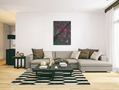 Modern living room with a gray sectional sofa, coffee table, and decorative items. Wall art displayed is Full Of Life by Jennifer Mourato.