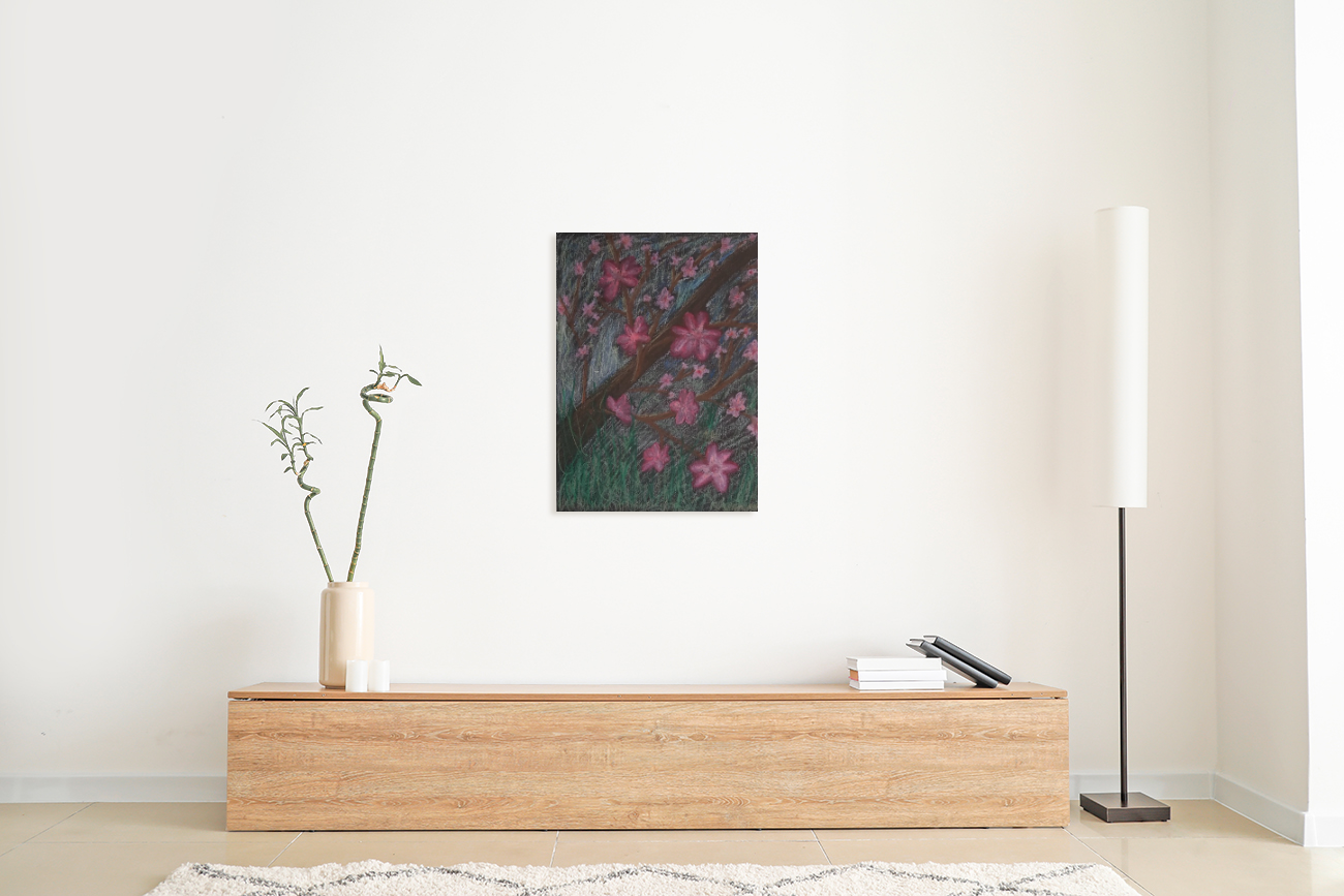 Modern interior with a wooden console table, vase with flowers, and abstract painting on a white wall displ.aying Full of Life Art Print
