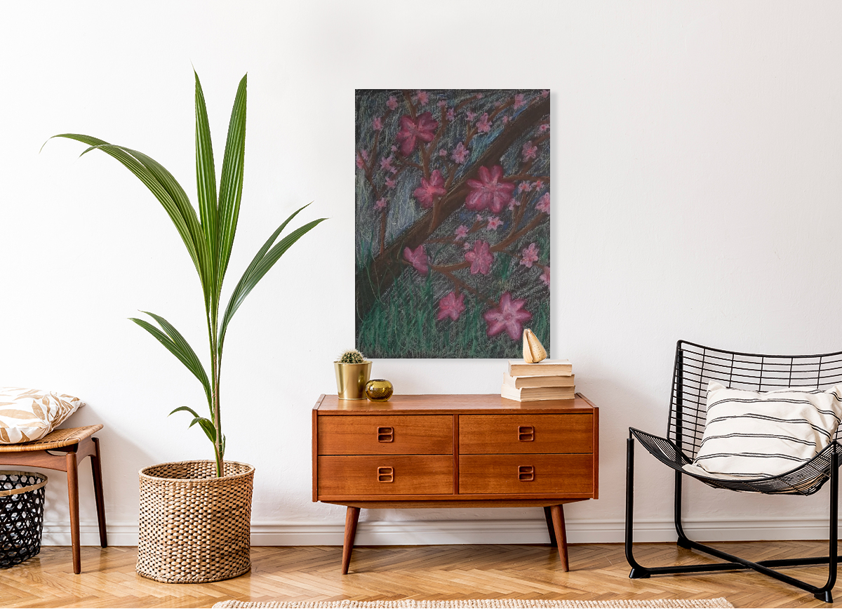 Modern living room with wooden sideboard, plant, and chair displaying Full of Life Art Print.