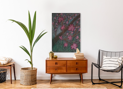 Modern living room with wooden sideboard, plant, and chair displaying Full of Life Art Print.