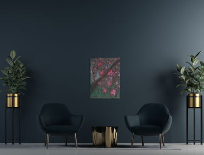 Modern interior with two dark blue chairs, a small table, and two potted plants against a dark gray wall. Wall art displayed is Full of Life by Jennifer Mourato.
