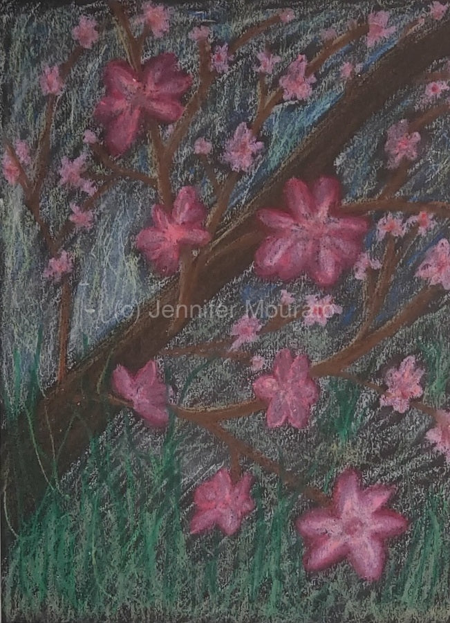 Full of Life Art Print. Artistic depiction of pink flowers on a branch with a signature at the bottom right corner.