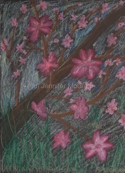 Full of Life Art Print. Artistic depiction of pink flowers on a branch with a signature at the bottom right corner.