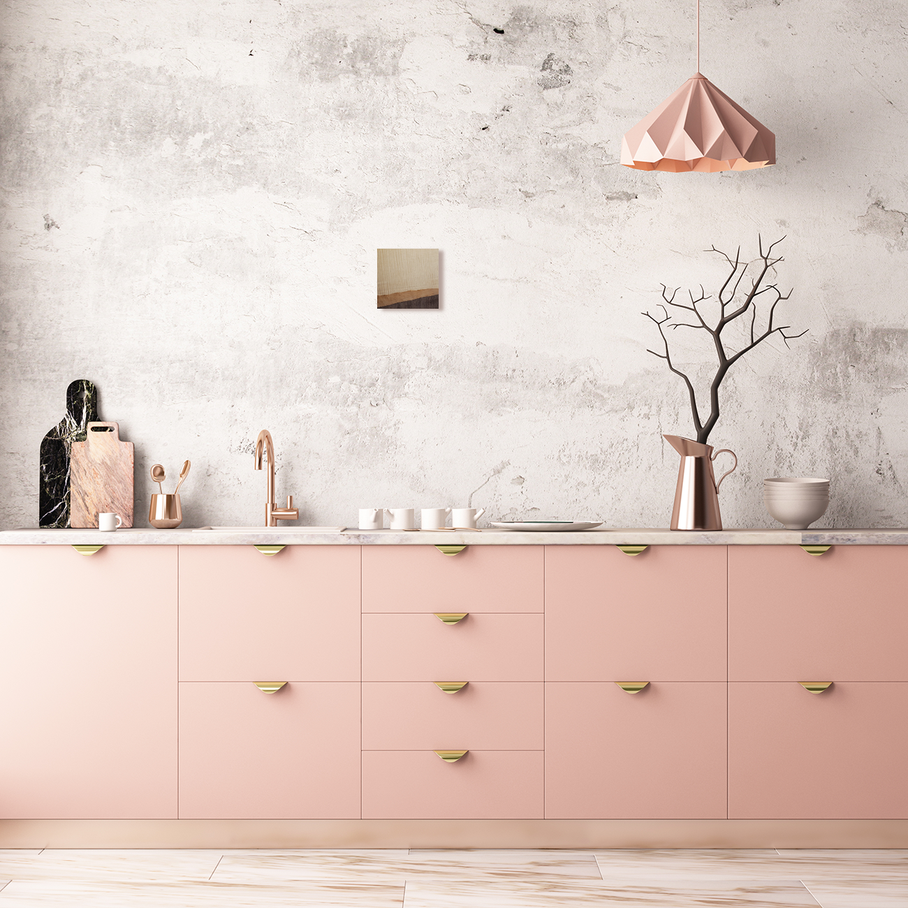 Wooden artwork on wall above pink lower kitchen cabinets. Jennifer Mourato Art Collection