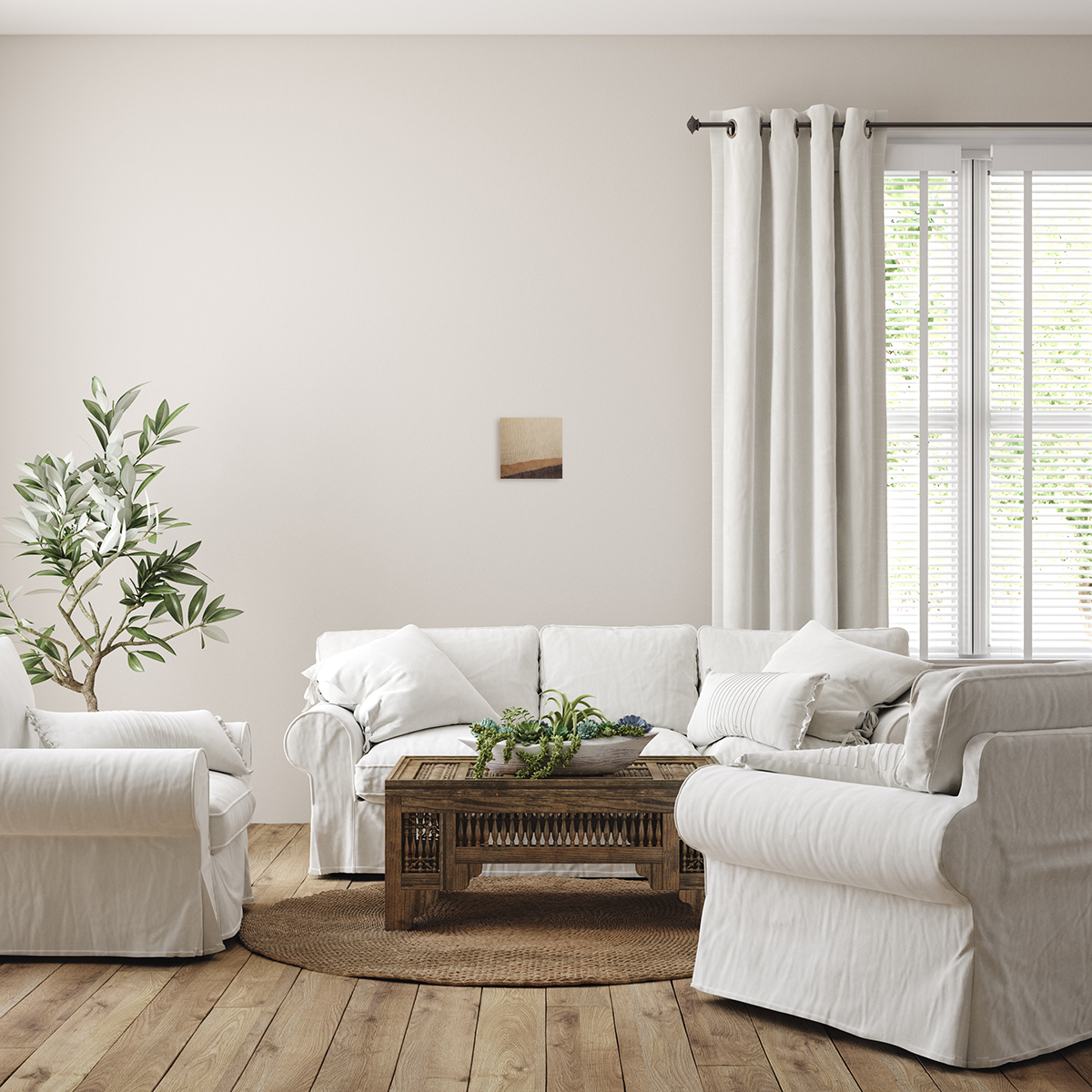 Abstract wood grain wall artwork above white sofa in living room. Jennifer Mourato Art Collection