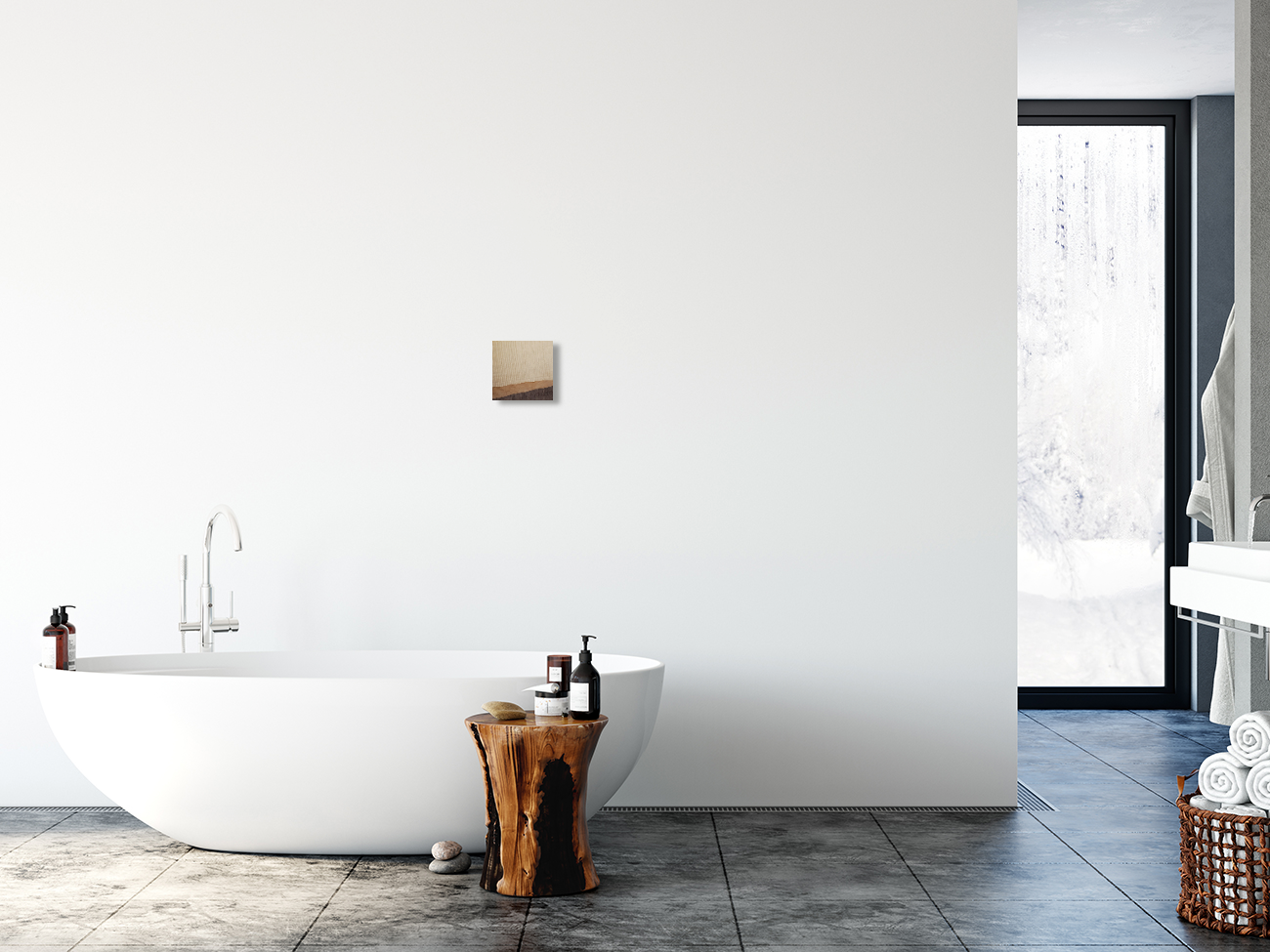 Abstract wood grain wall artwork on wall above white free standing bathtub. Jennifer Mourato Art Collection.