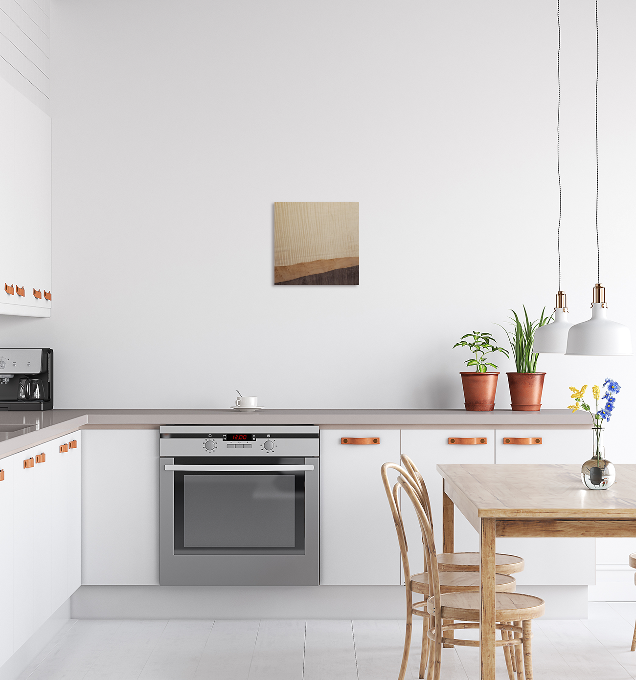 Abstract wall artwork above white lower kitchen cabinets. Jennifer Mourato Art Collection