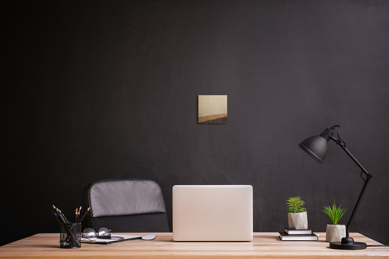 Abstract wood grain wall artwork in office above desk with laptop computer open. Jennifer Mourato Art Collection