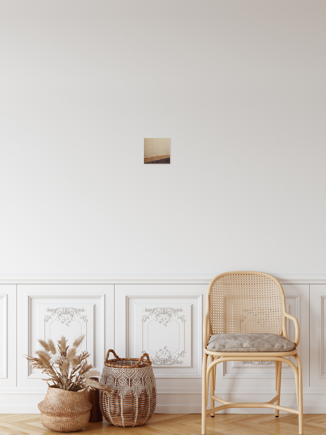 Abstract wood grain wall artwork in hallway above chair and dried stems. Jennifer Mourato Art Collection