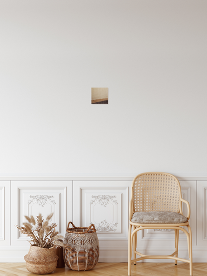 Abstract wood grain wall artwork in hallway above chair and dried stems. Jennifer Mourato Art Collection